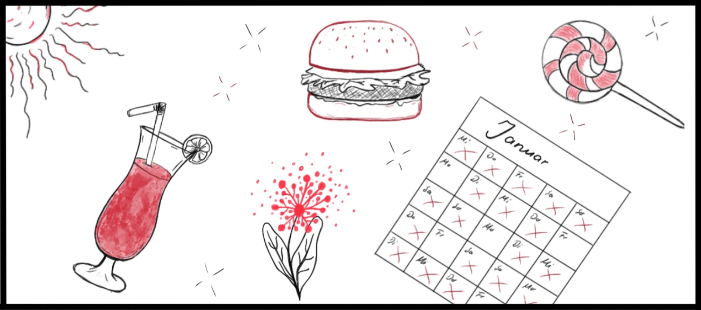 Eine Illustration in Rot und Schwarz von einem Burger, einem Cocktail, einem Kalender und einer Blume. 